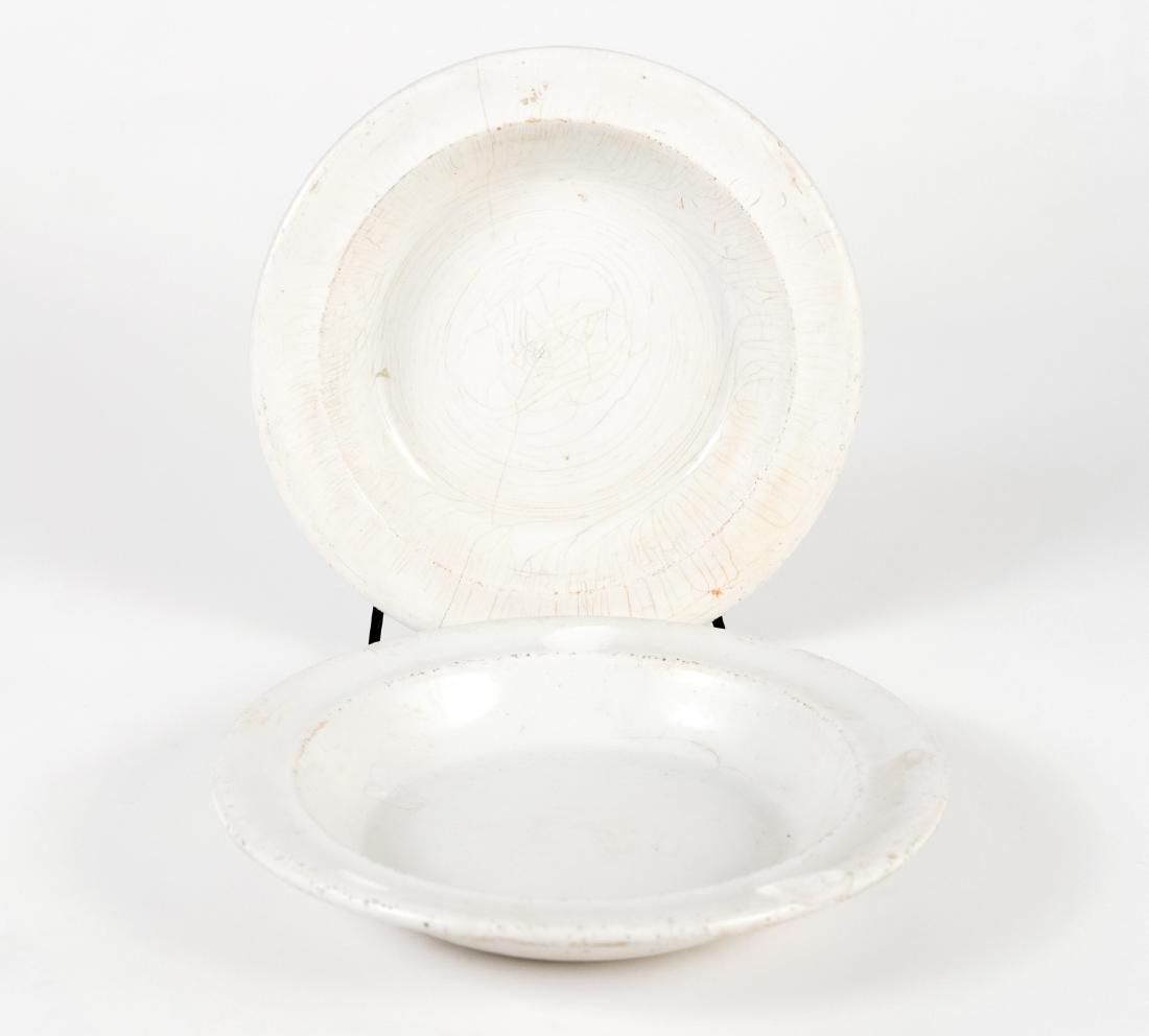 RMS Republic Soup Bowls. White Stat Line.: Two (2) bowls, white china, 9.25" diameter. Conversation Technology Group's labels on both. Built in 1903 by Harlan and Wolff in Belfast (the same builder which built the Titanic), White Star Lines' R