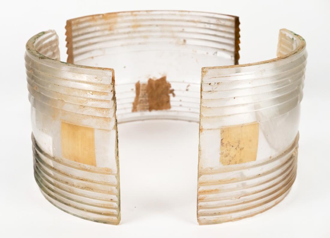 RMS Republic Running Light Lenses. White Star Line.: Clear glass. Three lenses, each with 120 degree arc, 8"tall, 13"circumference of the one/third circle curve. Glass .75"thck. Together, these three lenses make up a complete circle. All three pieces ha