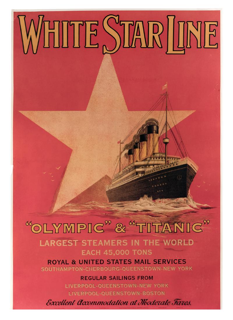 White Star Line Posters: White Star Line, the British shipping and sea voyage company that owned the Titantic, Olympic, and the RMS Republic amongst many other large ocean liners. Approximately twenty (20) in the lot. 1997 re