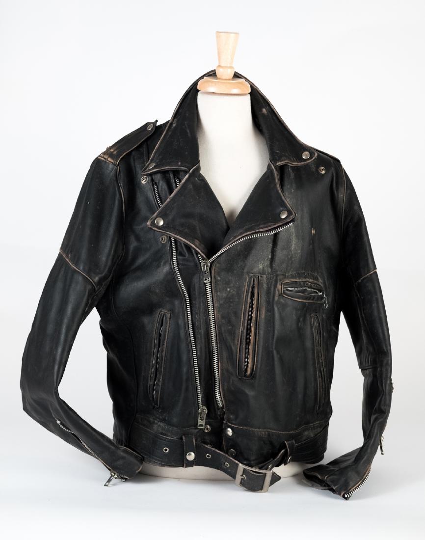 Vintage Biker Leathers: Black leather jacket, Brooks black leather chaps. Hand-stenciled on rear of jacket: HARLEY DAVIDSON NEW-YORK. Although not marked, jacket appears to be size Large or Extra Large. This is an unreserved