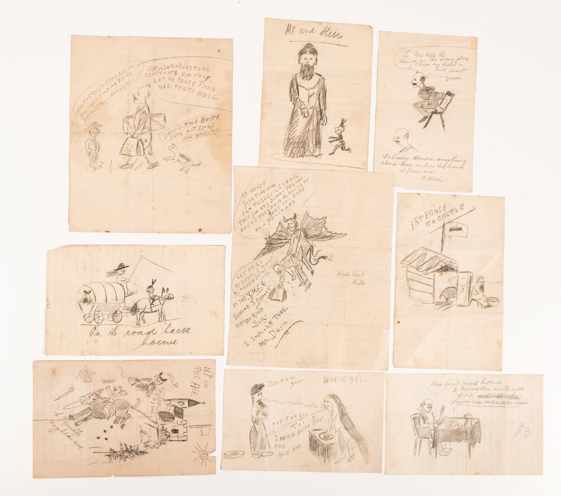 Sideshow Cartoon Drawings (11): An extraordinary collection of eleven (11) pencil drawings, c. 1910, featuring various sideshow figures and fascinating acts. Including "A Terrible Nightmare", "I Implore Thee Mr. Devil", Undine The W