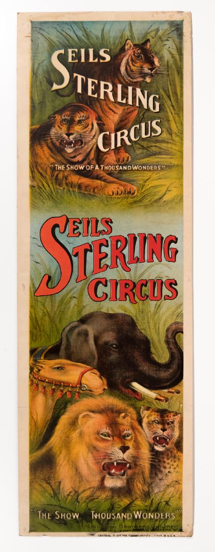 Seils Sterling Circus Poster: Central Show Ptg., Mason City. Printed c. 1890. 41"x 13.5". A rare image of wild beasts. Mounted on foam board. This is an unreserved auction with no minimums. This is an online only sale. Items may b