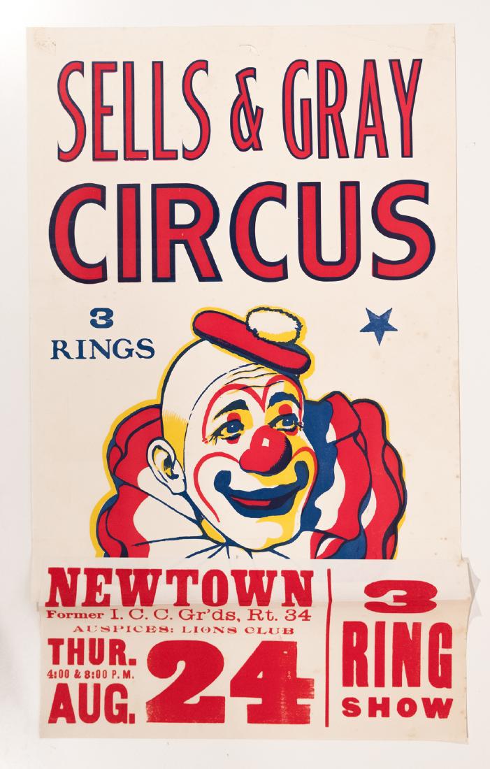Three Circus Posters (3): Three (3) posters in all. One for Clyde Beatty - Cole Bros. Circus (21"x 36") with Newtown Conn. date tag; one for Tex Carson's Wild Animal Circus (28"x 21"),, and one for Sells & Gray with Newington 