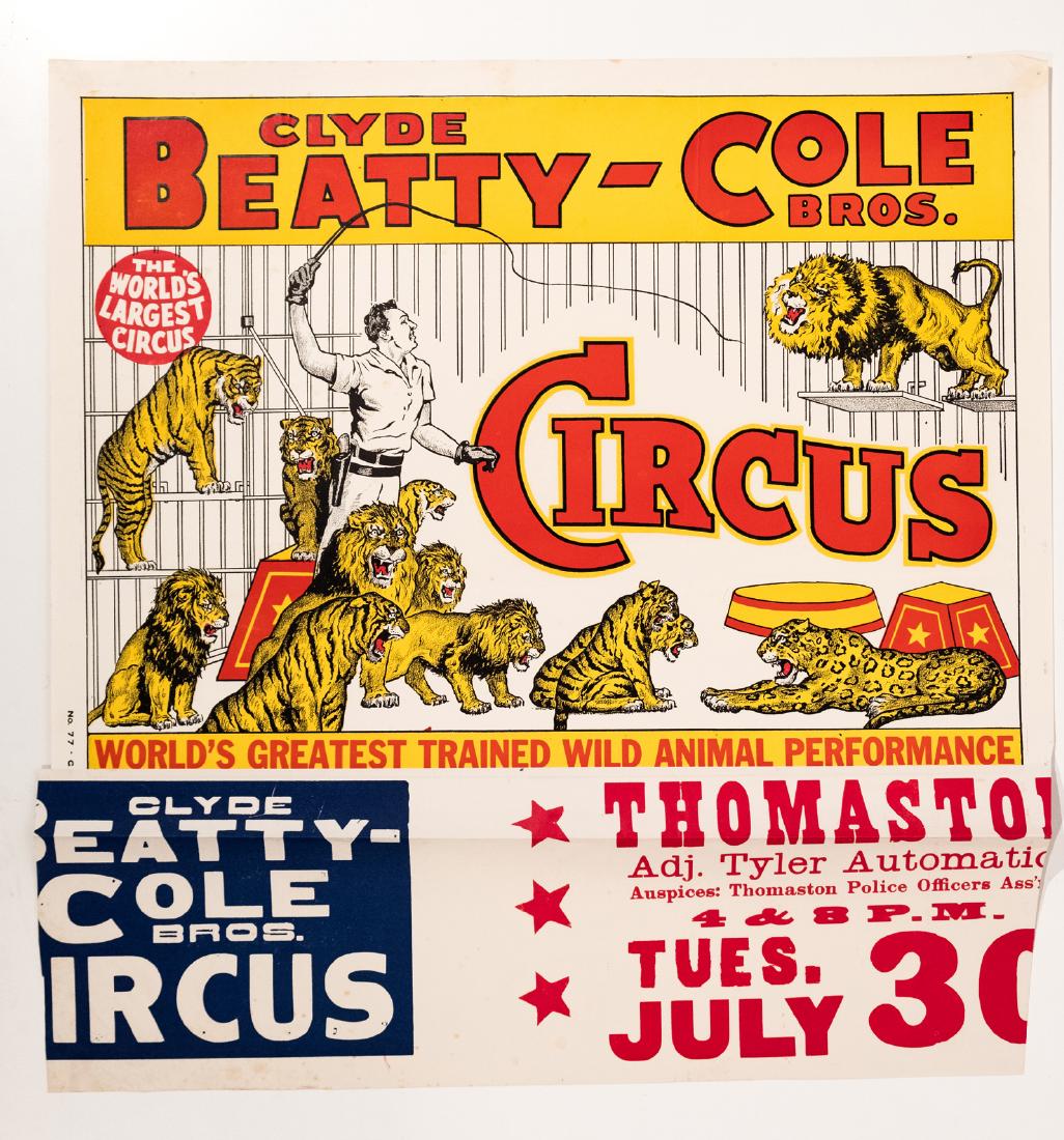 Clyde Beatty and Cole Bros. Circus Posters (3): Three (3) posters all with date tags. Each approximately 30"x 21" This is an unreserved auction with no minimums. This is an online only sale. Items may be viewed upon appointment in New York City. Co