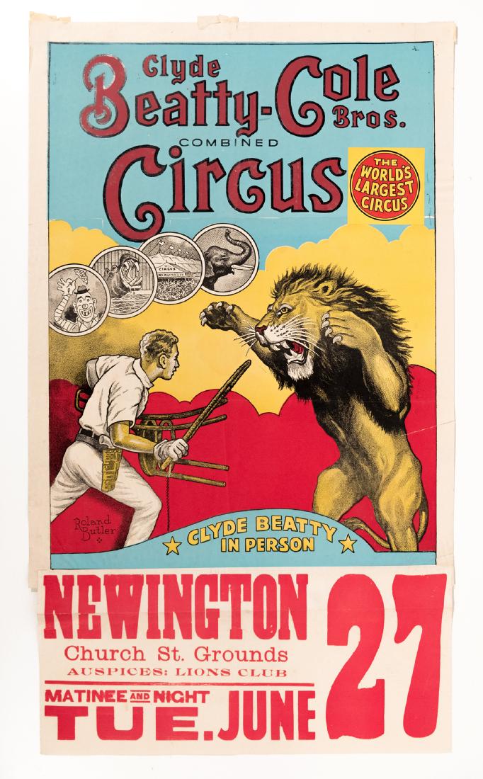 Four "Big Cat" Circus Posters (4): A collection of four (4) circus posters from Clyde Beatty-Cole Bros., Royal Wild West (42"x 28"), Biller Bros. and Hunt Bros. circuses all featuring lions or tigers. Three of the posters have date tag