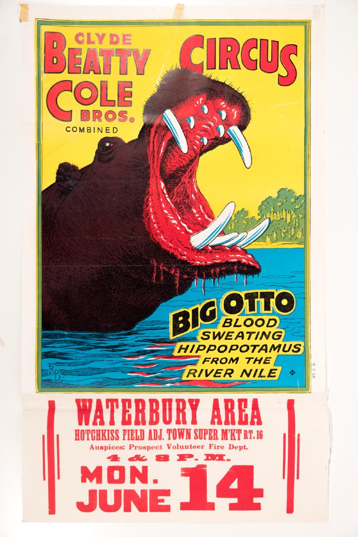 Three Big Otto Hippo Circus Posters (3): Three (3) posters of Cyle Beatty Cole Brothers Circus. Different date tags all in Connecticut. 36" x 21" This is an unreserved auction with no minimums. This is an online only sale. Items may be viewe