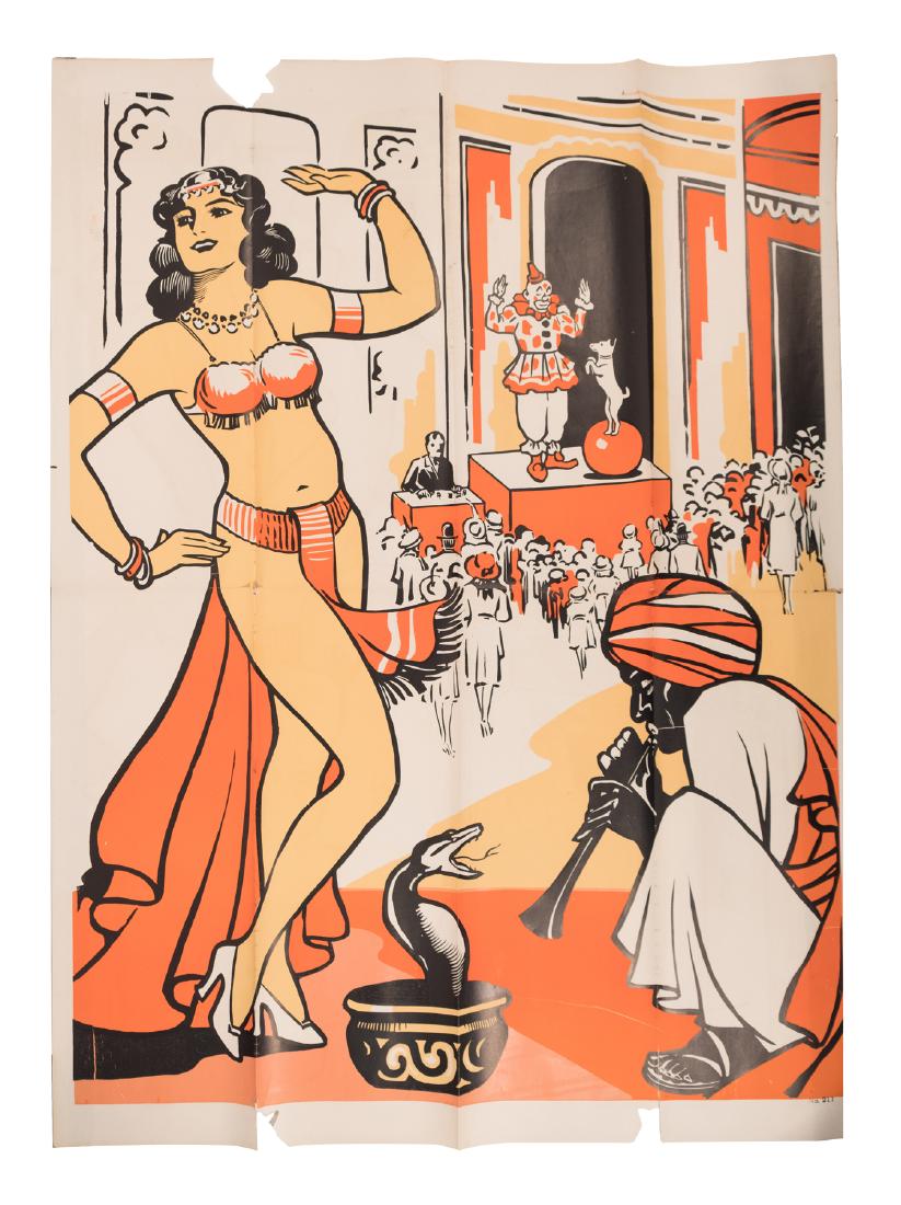 Remarkable Sideshow Poster: Although this is not a complete poster (it is likely lacking an additional sheet with type) the stunning image of belly dancer, snake charmer, and other sideshow attractions is rare and wonderful. 84"