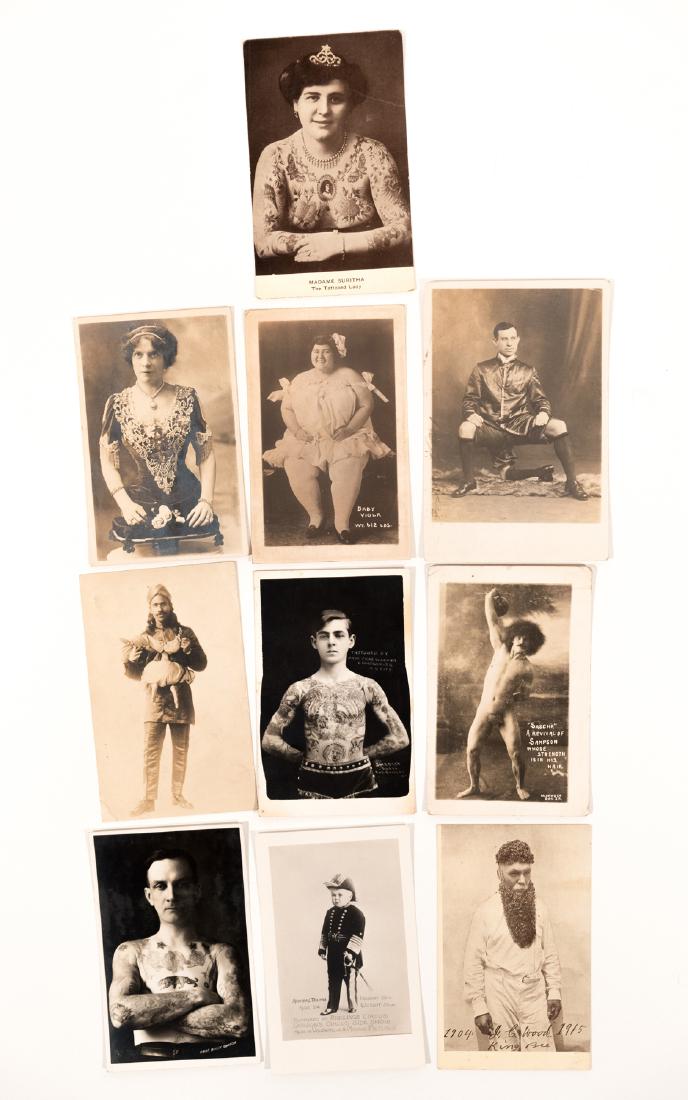 Nine Sideshow Postcards (9): Nine (9) vintage postcards depicting sideshow and freak attractions. Including: Three legged man, King Bee, Sascha (his strength is in his hair!), Baby Viola (612 lbs.), etc. This is an unreserved auc