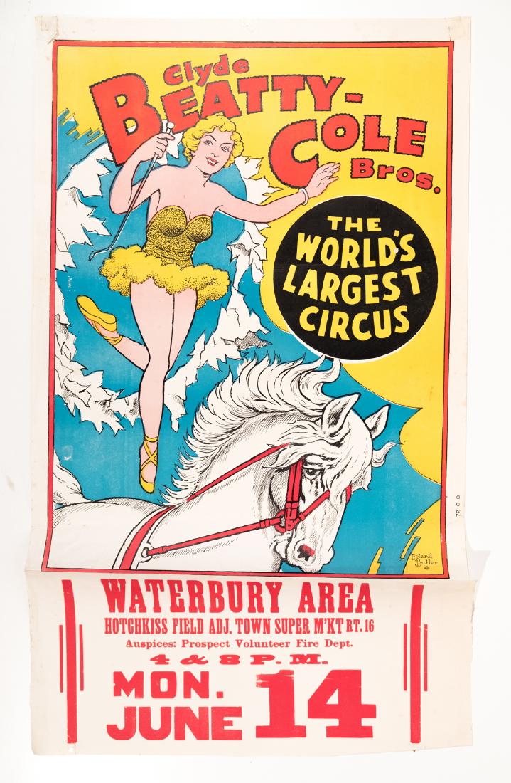Two Circus Posters (2): Two (2) posters of various circuses. 1. Clyde Beatty & Cole Bros 36" x 21" 2. Sells & Gray 28" x 28". Vibrant color palettes. Both with Connecticut date tags. This is an unreserved auction with no min