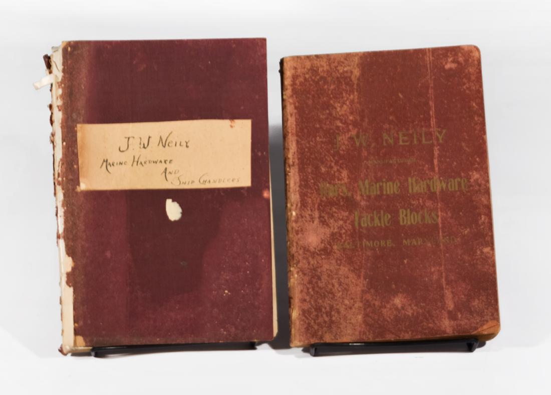 Two Marine Hardware Books: Two (2) marine hardware books, both from JW Neily. One of the books is dated 1912. Dimensions: 10" tall x 7" wide Condition: One of the books is in good condition, the other is fragile with a deter