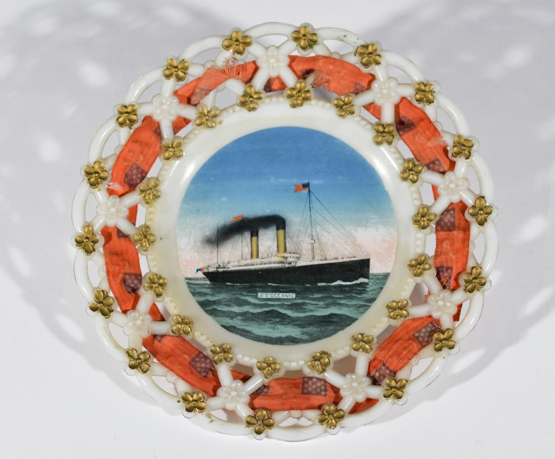 White Star Line, Oceanic Ribbon Plate: Oceanic ribbon plate with original ribbon, circa 1899. Dimensions: 7.5" in diameter. In great condition given age. This lot is from the collection originally assembled by nautical historian and author