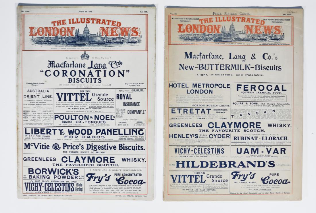 London Illustrated Newspaper: Two issues of the London Illustrated Newspaper (Vinolia Soap) dated April 20, 1912 and June 10, 1911. Dimensions: 16" tall x 12" wide This lot is from the collection originally assembled by nautical h