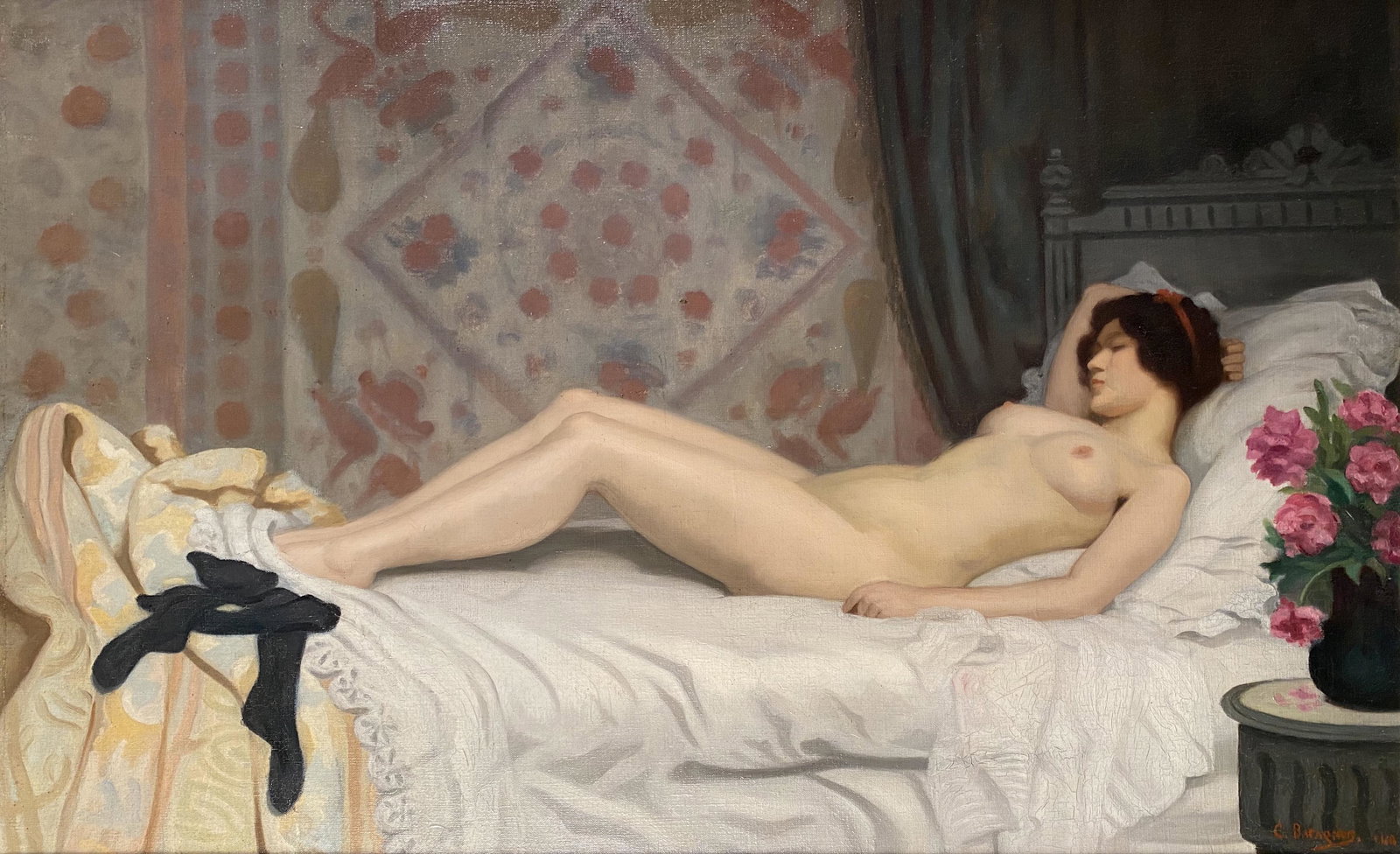 Camille Leon Baragnon, A Reclining Female Nude: Camille Leon Baragnon (French, 19th/20th century) A Reclining Female Nude Oil on canvas. Signed lower right "C. Baragnon, 1910" 25" x 38.5"; framed 33" x 48" Provenance: Christie's Lon