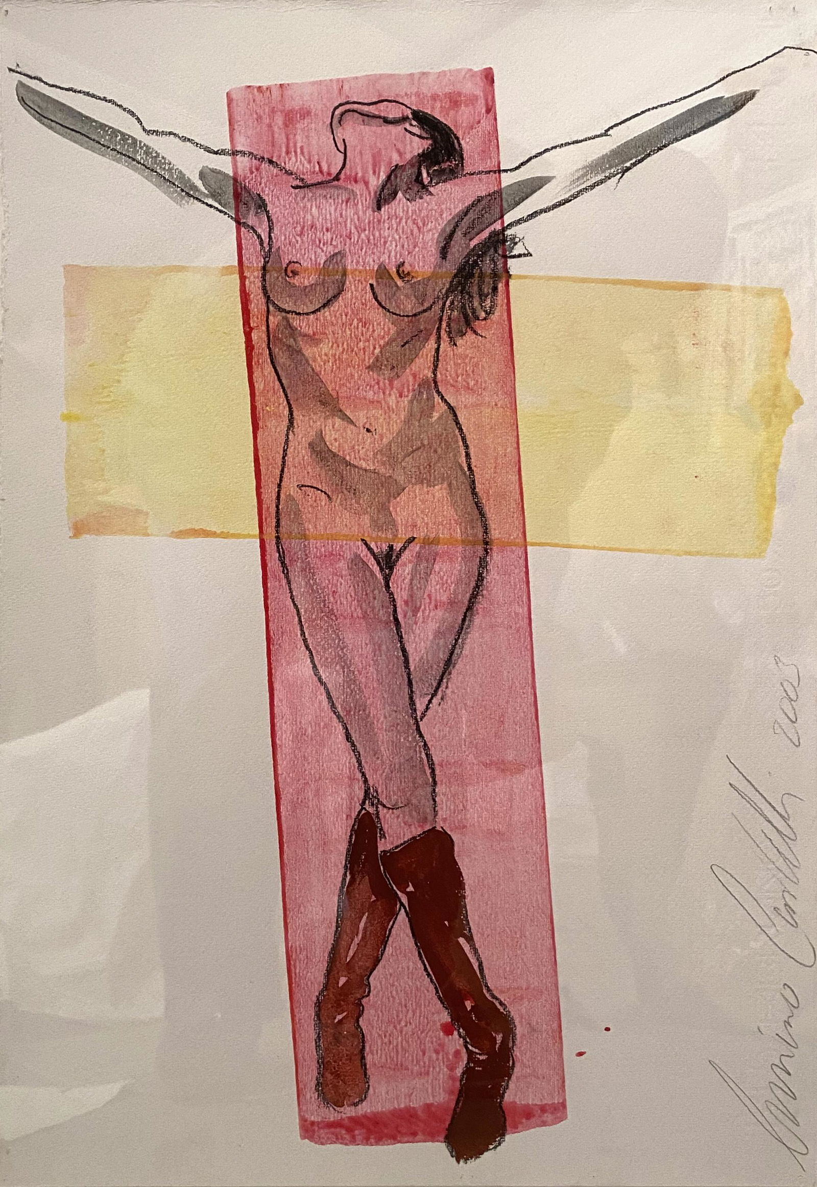 Luciano Castelli, Untitled (Crucified Woman), 2003: Luciano Castelli (Swiss, b. 1951) Untitled (Crucified Woman), 2003 Original watercolor and pencil on rag paper. Signed lower right Luciano Castelli dated 2003. 18" x 14"; framed 28.5" x 23" under glas
