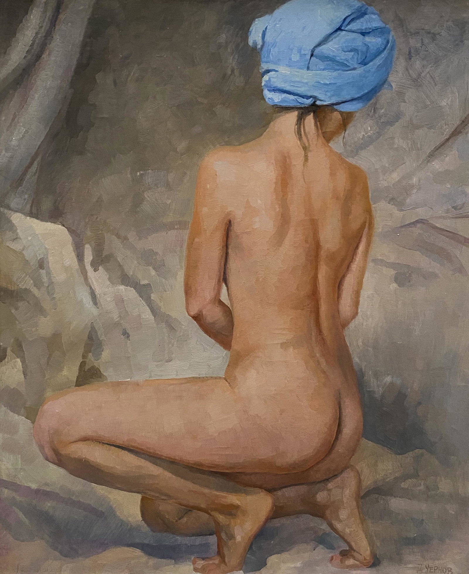 Denis Chernov, Nude with Blue Turban: Denis Chernov (Ukrainian, b. 1978) Nude with Blue Turban Oil on canvas. Signed lower left 23" x 19"; framed 32" x 27" Provenance: Christie's London November 29, 2011 Lot 112 Pr