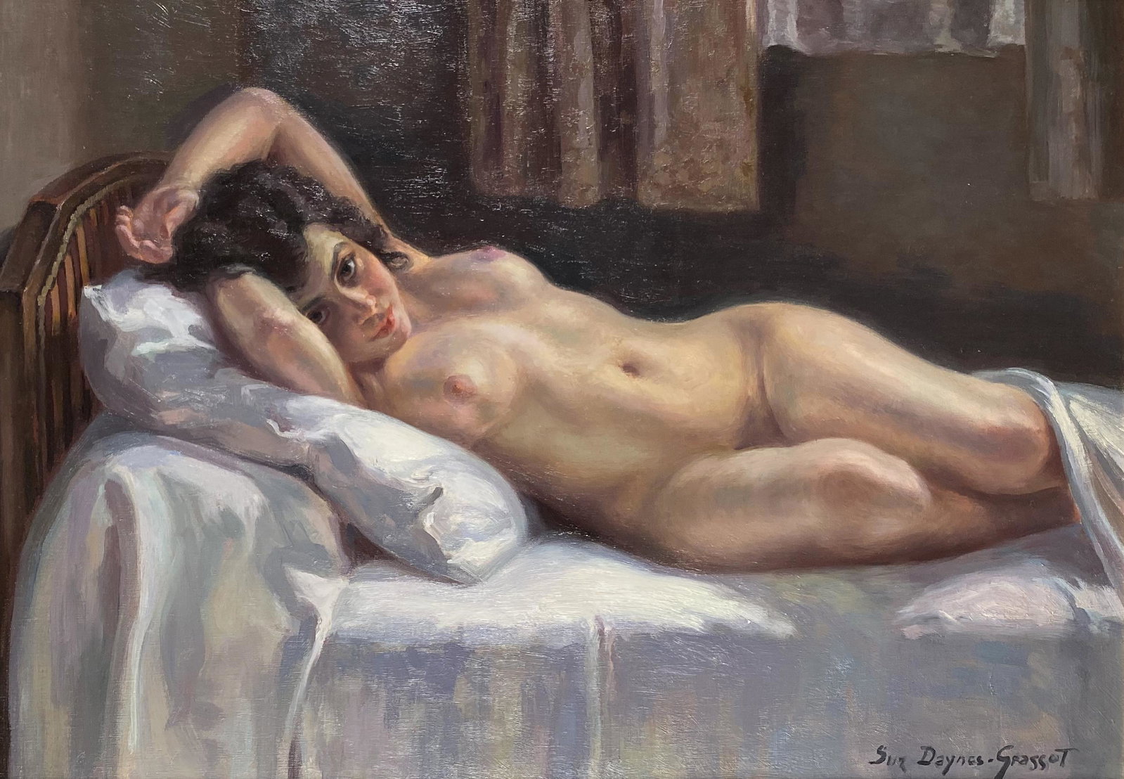 Suzanne Daynes-Grassot, Reclining Nude: Suzanne Daynes-Grassot (1884 - 1976, French) Reclining Nude Oil on canvas. Signed lower right Sue Daynes-Grassot 26" x 36"; framed 33" x 44" in a gilded frame. Provenance: Christie's L