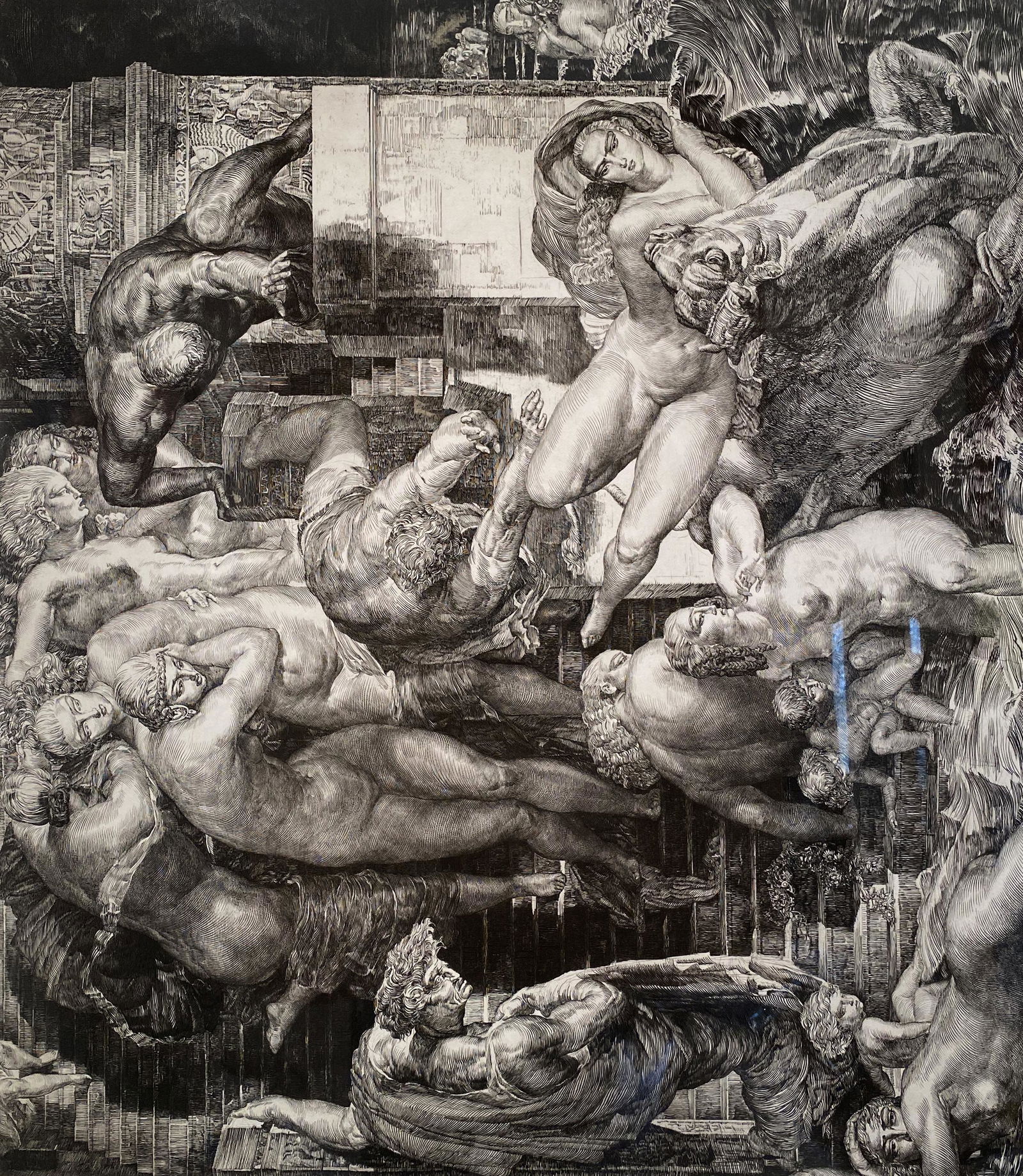 Albert Decaris, Untitled: Albert Decaris (French, 1901-1988) Untitled Black and white engraving. Pencil signed lower right Decaris dated 1926. Edition 29/50. 30.5" x 34"; framed 43" x 47" behind glass Provenance: