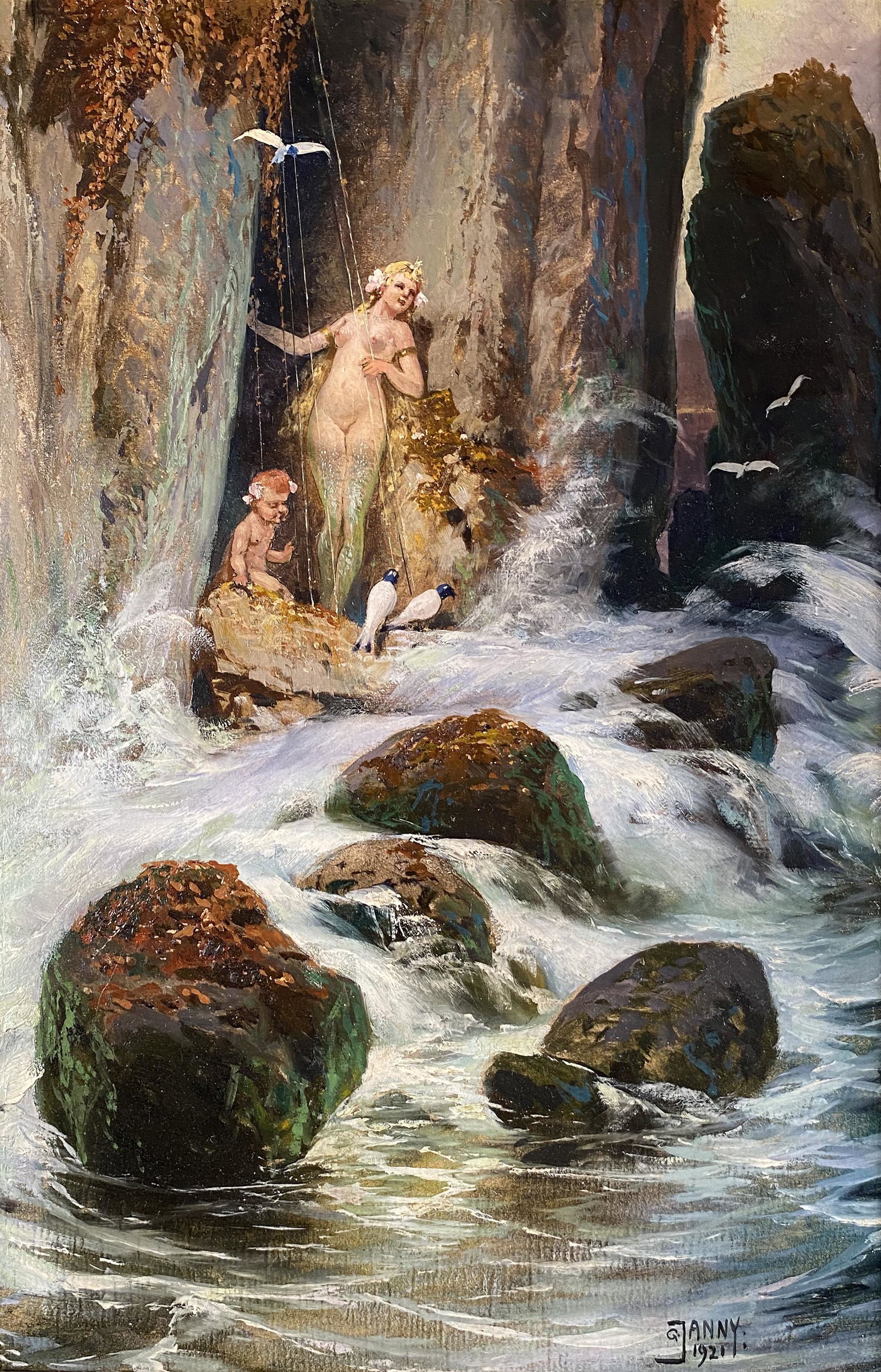 Georg Janny, The Mystical Gorge: Georg Janny (Austrian, 1864 - 1935) The Mystical Gorge Oil on board. Signed lower right G. Janny 1921. 18" x 12"; framed 27" x 21" in a fine period frame Provenance:Christies London Sa