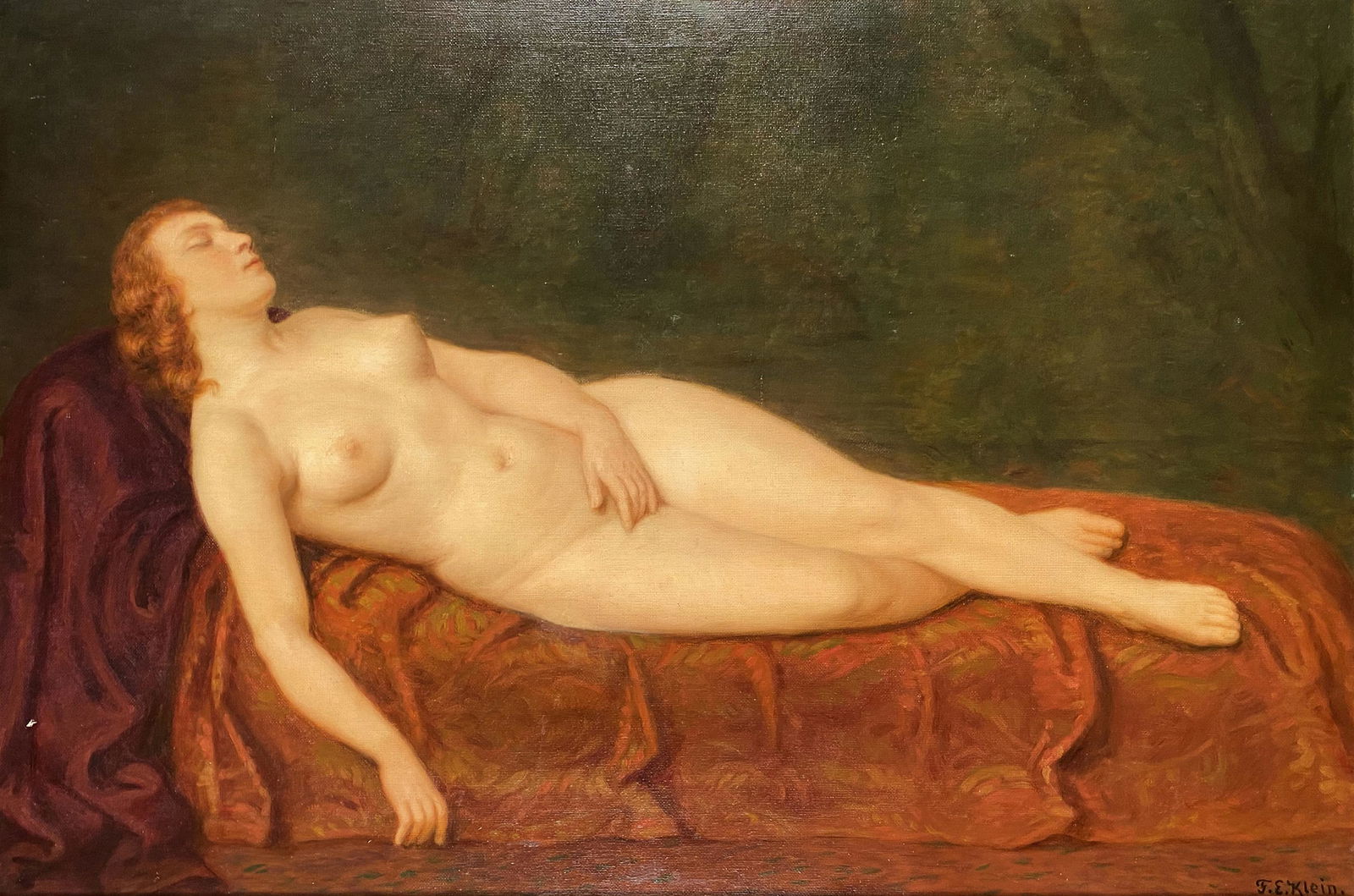 Friedrich Emil Klein, A Reclining Nude: Friedrich Emil Klein (German, 1841 - 1921) A Reclining Nude Oil on canvas. Signed lower right F.E Klein 27" x 41" ; framed 32" x 46" Provenance:Christie's London Sale 8599, December 2