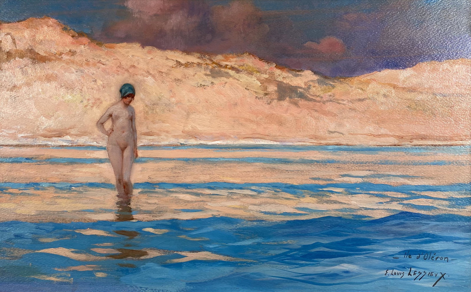 Ernest Louis Lessieux, A Young Beauty Paddling by the: Ernest Louis Lessieux (French, 1874 - 1938) A Young Beauty Paddling by the Dunes Oil on board. Signed lower right "E. Louis Lessieux" 11" x 18"; framed 18" x 26" in gilded frame. Provenance:</