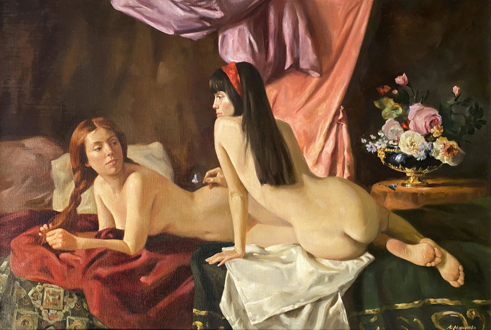 Anna Marinova, Two models: Anna Marinova (Russian, 20/21st century) Two models Oil on canvas with two girls reclining nude. Signed lower right in Cyrillic. 24" x 35.5"; framed 29.5" x 41" Provenance: Christie's
