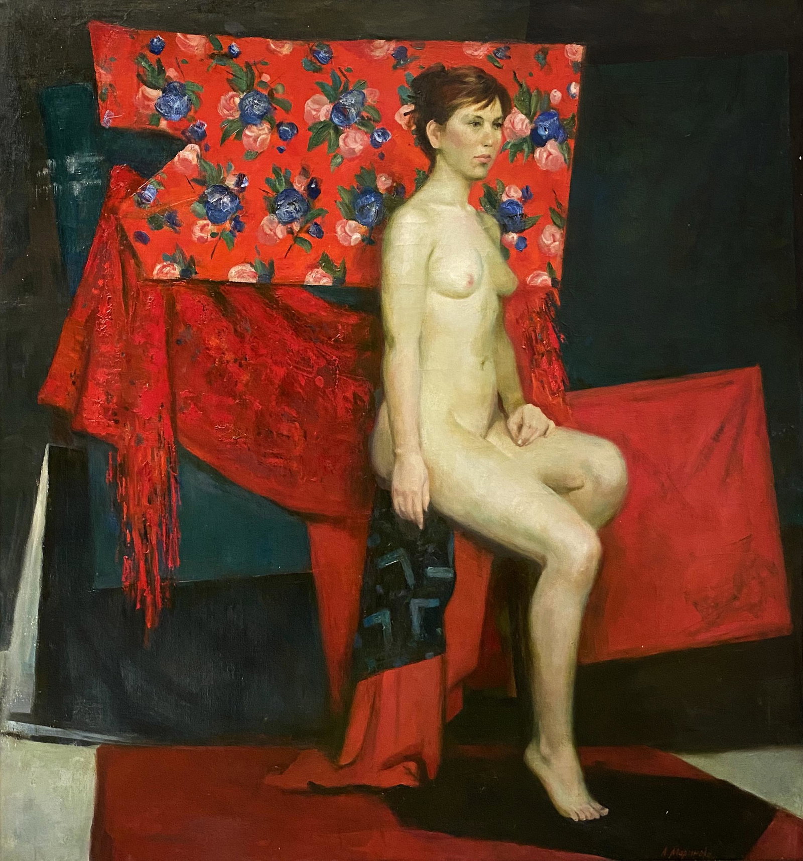 Anna Marinova, Red Nude: Anna Marinova (Russia, 20th/21st century) Red Nude Oil on canvas. Signed in Cyrillic lower right; inscribed in Cyrillic and dated 2005 on verso. 35" x 32.5"; framed 40" x 37.5" Provenance: