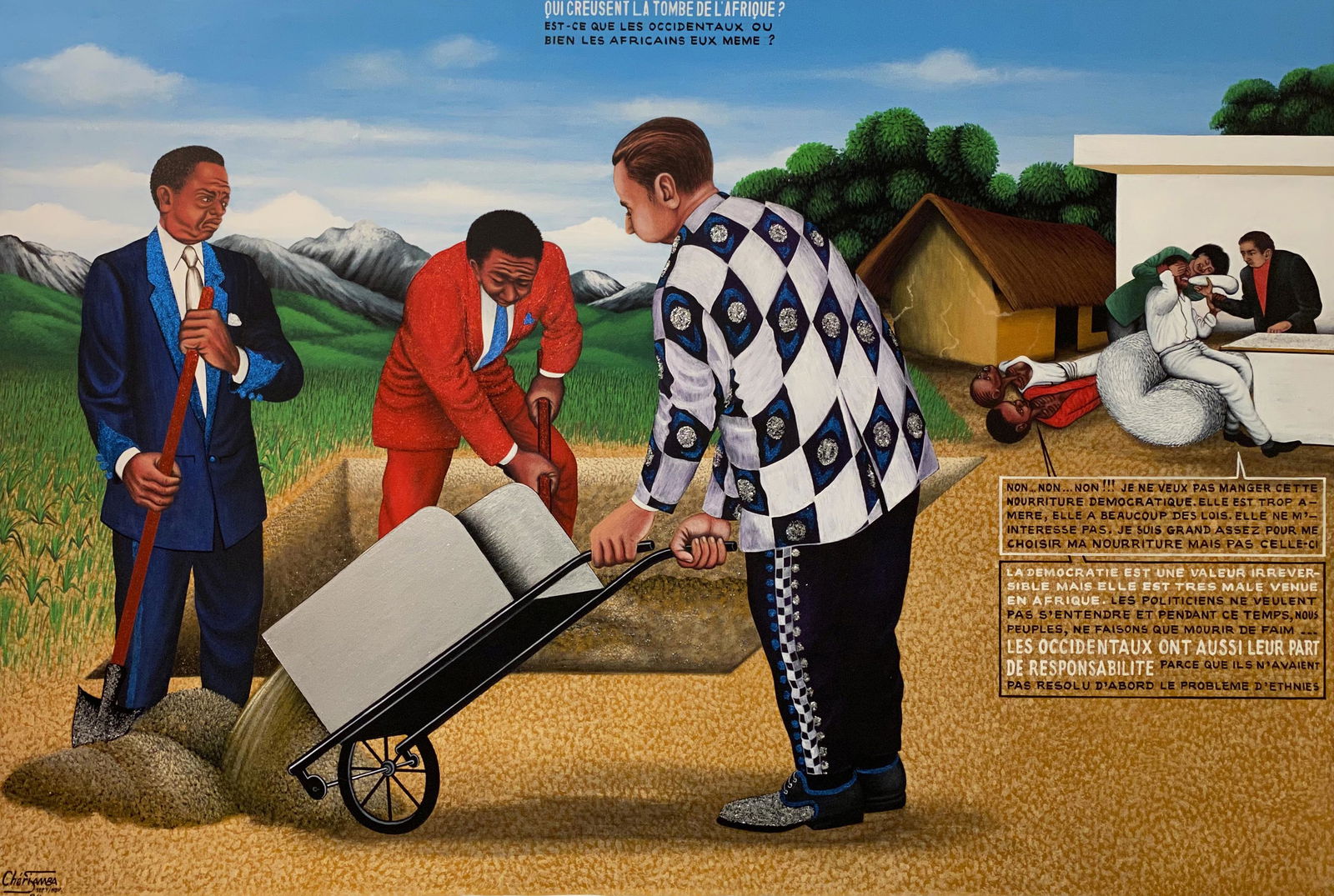 Cheri Samba, Qui Cersent La Tombe de L'Afrique? (Who: Cheri Samba (Congolese, B. 1956) Qui Cersent La Tombe de L'Afrique? (Who Digs the Grave of Africa?) Acrylic on canvas. Signed lower left Cherisamba Sept/Nov 1994. Cheri Samba is a contemporary Congole