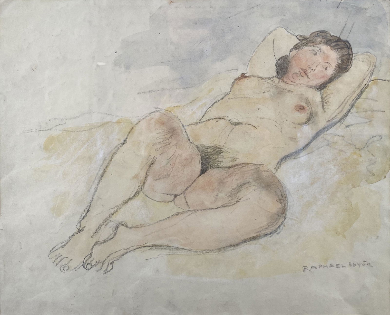 Raphael Soyer, Reclining Nude: Raphael Soyer (American, 1899 - 1987) Reclining nude Pencil and watercolor on paper. Signed lower right Raphael Soyer. Reclined nude from below. 14" x 16"; framed 21" x 24" behind glass Prove