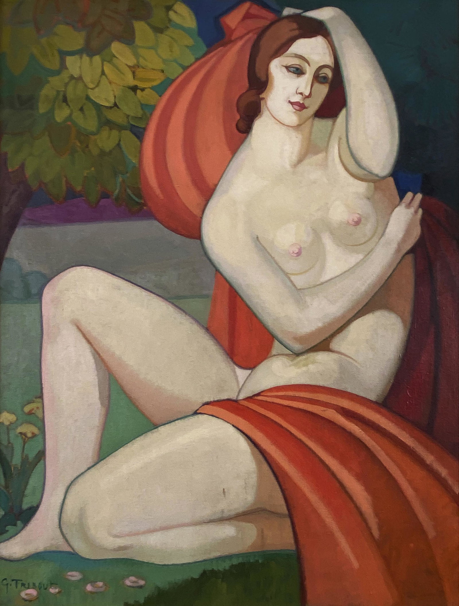 George Henri Tribout, Nude: George Henri Tribout (French, 1884-1962) Nude Oil on canvas. Signed lower right G. Tribout. C. 1930 45" x 34.5"; framed 50" x 40" Provenance: Barry Friedman Gallery Property fr