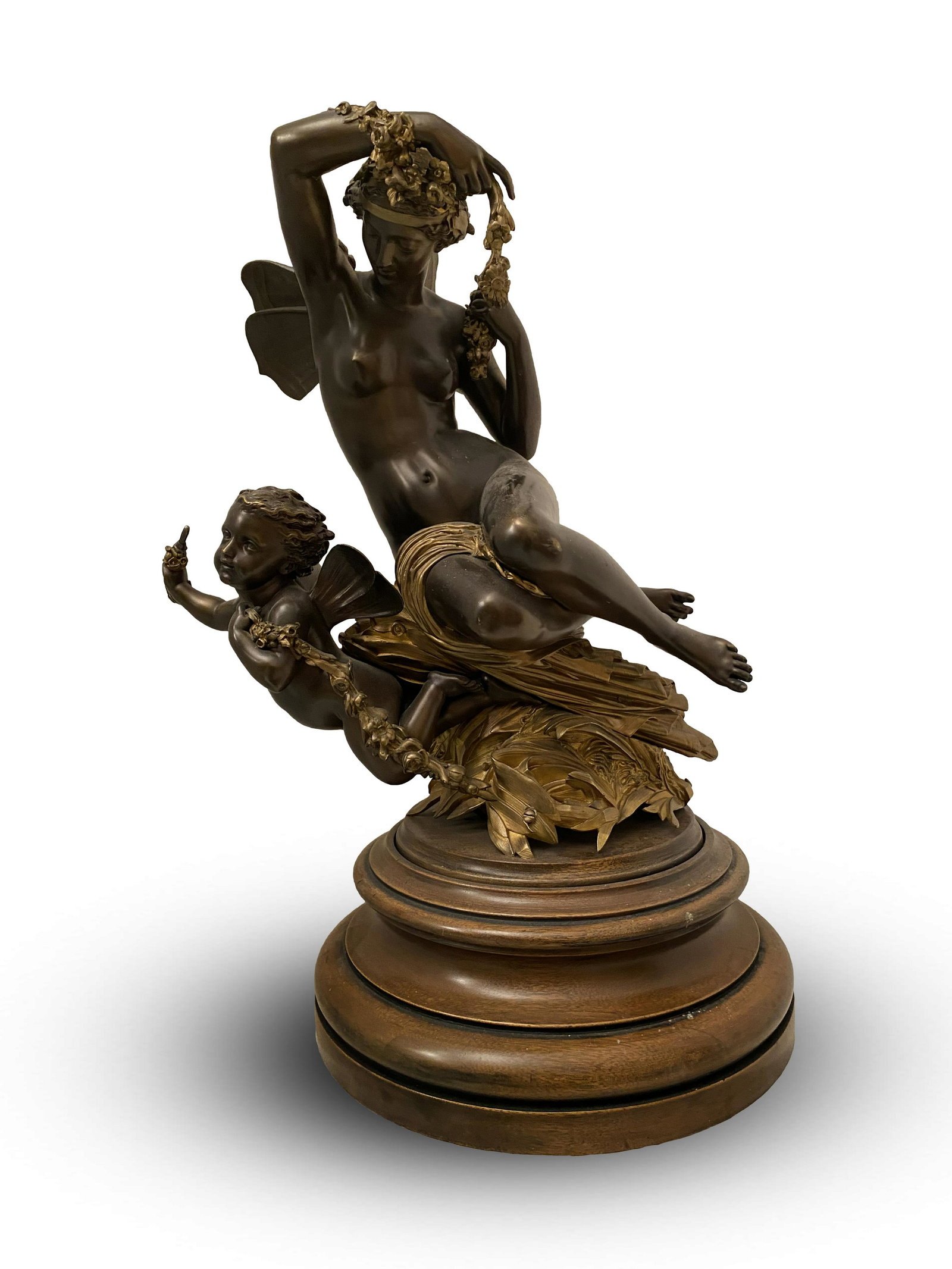 20th Century, French, Winged Woman and Cherub Bronze: 20th Century, French Winged Woman and Cherub Bronze Classic bronze patina with reeds and floral, laurel in gold patina. Double patinated sculpture. Woman and cherub with laurel hanging and mobile. Car