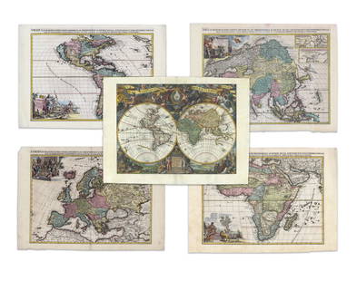 Aa, Pieter van der. World and continents (set): Aa, Pieter van der Set of Five Maps (AA, Pieter Van Der) 1713 Copperplate engraving; Later colour Printed area: America: 65.7 x 47.2 cm; 25.9 x 18.6 in Europe: 65.3 x 47 cm; 25.7 x 18.5 in Africa: 