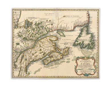 Bellin, H. E. Partie Orientale de la Canada: Bellin, Homann Erben Partie Orientale de la Nouvelle France ou du Canada 1755 Copperplate engraving; outlined coloured Printed area: 54.1 x 43.2 cm; 21.2 x 17 in Canada and New France, based on