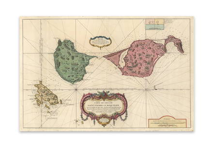 Bellin, J. N. Isles de Saint Pierre et Miquelon Levee: Bellin, Jacques Nicolas Carte des Isles de Saint Pierre et Miquelon Levee par Ordre de M. le Duc de Choiseul 1763 Copperplate engraving; area coloured Printed area: 85.7 x 54.7 cm; 33.7 x 21.5 in 