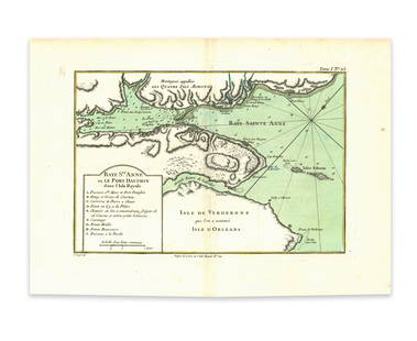 Bellin, J. N. Baye Ste Anne dans L' Isle Royale: Bellin, Jaques Nicolas Baye Ste Anne ou le port Dauphin dans L'Isle Royale 1764 Copperplate engraving; coloured Printed area: 30.5 x 20.5 cm; 11.8 x 8 in This precious map shows the bay of St. Anns