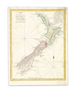 Benard, R. Carte de la N. Zelande visitee par J. Cook: Benard, Robert Carte de la N.le.Zelande visitee en 1769, et 1770 par le Lieutenant J. Cook 1774 Copperplate engraving; area coloured Printed area: 53.3 x 39.7 cm; 20.9 x 15.6 in Created by Robert