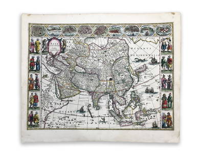 Blaeu. Asia Noviter Delineata: Blaeu Asia noviter delineata 1617 Copperplate engraving; coloured Printed area: 55.5 x 41 cm; 21.8 x 16.1 in Map of Asia with 10 costume characters and a total of 9 cityscapes in vignettes. Ships