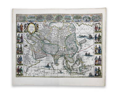 Blaeu. Asia Noviter Delineata: BlaeuAsia noviter delineata 1617 Copperplate engraving; colorued Printed area:55.5 x 41 cm; 21.8 x 16.1 in Map of Asia with 10 costume characters and a total of 9 cityscapes in vignettes. Ships and