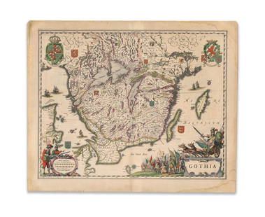 Blaeu, Joan. Gothia: Blaeu, Joan Gothia C. 1640 Copperplate engraving; outline coloured Printed area: 52.6 x 41.5 cm; 20.7 x 16.4 in An accurate geographic account of Gotaland and its counties, presented in regal glory