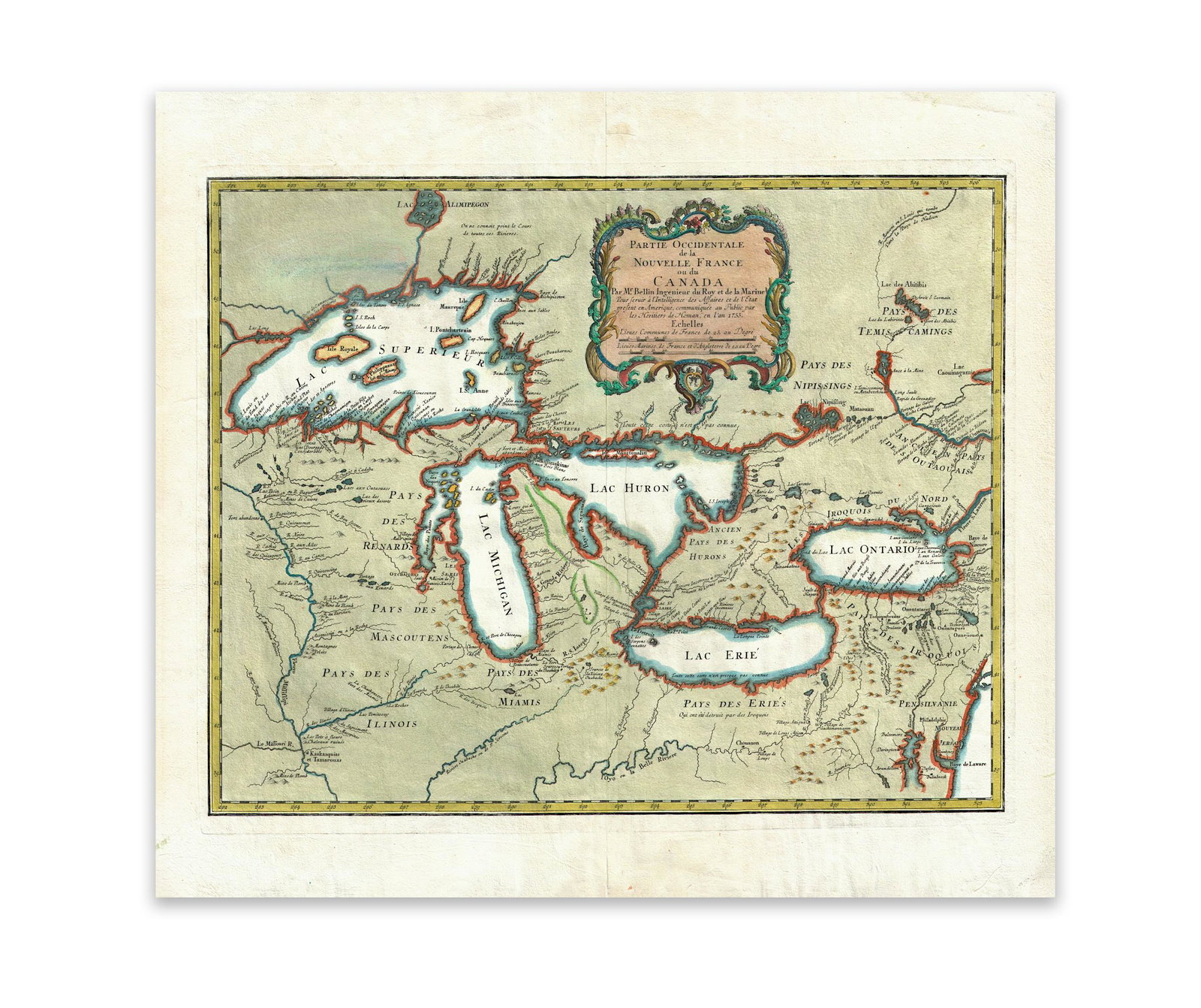 Homann Erben. Partie Occidentale de la Nouvelle France: Homann, Erben Partie Occidentale de la Nouvelle France ou du Canada Par Mr. Bellin É 1755 Copperplate engraving; coloured Printed area: 55 x 45 cm; 21.6 x 17.7 in A rare map of the Great lakes follow