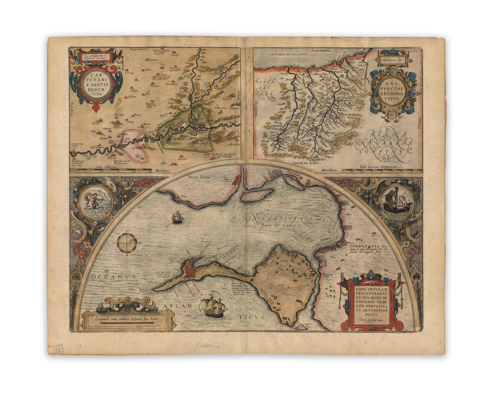 Ortelius, Abraham. Carpetani ae partis descr: Ortelius, Abraham Carpetani ae partis descr 1584 Copperplate engraving; coloured Printed area: 48.8 x 39.2 cm; 19.2 x 15.4 in Inset maps of Carpetania, Guipuzco at the top and Cadiz at the bottom. On
