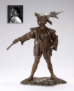 Peter Pan, Bronze, ex. Michael Jackson: Peter Pan, Bronze, ex. Michael Jackson. Sculptor: T. de Matteis, 20th Century, 45" x 36" (114 x 91 cm), signed on base, variegated patinated bronze statue. As "The King of Pop," Michael Jackson