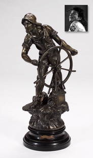 Braving the Storm, Bronze, ex. Michael Jackson: Braving the Storm, Bronze, ex. Michael Jackson. Sculptor: X. Raphanel (French, 20th Century), 25" x 11.5" (63.5 x 29 cm), bronze statue of a sailor at the helm. As "The King of Pop," Michael