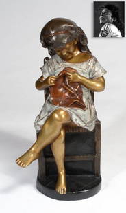 Statue of Girl Sewing, Bronze, ex. Michael Jackson: Statue of Girl Sewing, Bronze, ex. Michael Jackson. 20th Century, height 30" (76 cm), statue of a seated girl sewing, bronze with colored patination. As "The King of Pop," Michael Jackson acquired