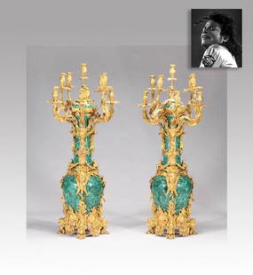 Pair of Malachite Candelabras, ex. Michael Jackson: Pair of Malachite and Gilt Candelabras,ex. Michael Jackson. Height 62" (157.5 cm), pair of malachite and gilt metal nine light candelabra with elongated urn form, featuring figural mounts with