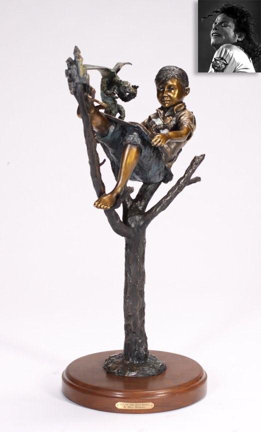 "Out of the Best Books," Bronze, ex. Michael Jackson: "Out of the Best Books," Bronze, ex. Michael Jackson. Sculptor: Blair Muhlestein (American, 20th century), 28" x 12" x 17" (71 x 30.5 x 43 cm), #11/50, colored patinated bronze figure of boy perched i