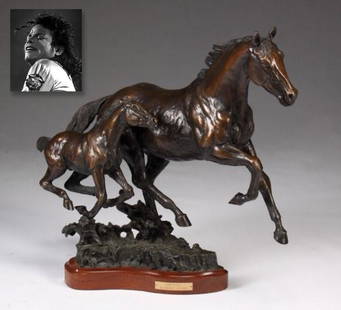 "Born to Run," Bronze, ex. Michael Jackson: "Born to Run," Bronze, ex. Michael Jackson. Sculptor: Lorenzo Ghiglieri (American, 20th Century), dated 1986, 11" x 26" x 10" (28 x 66 x 25.4 cm), "Born to Run" features a bronze horse and her calf