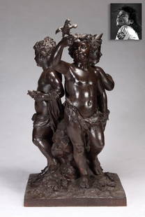 Pair of Child and Putto, Bronze, ex. Michael Jackson: Pair of Child and Putto, Bronze, ex. Michael Jackson. 63" x 36" x 36" (160 x 91.4 x 91.4 cm), pair of patinated bronze of children dancing with a putto releasing a bird on a shell-covered base, with