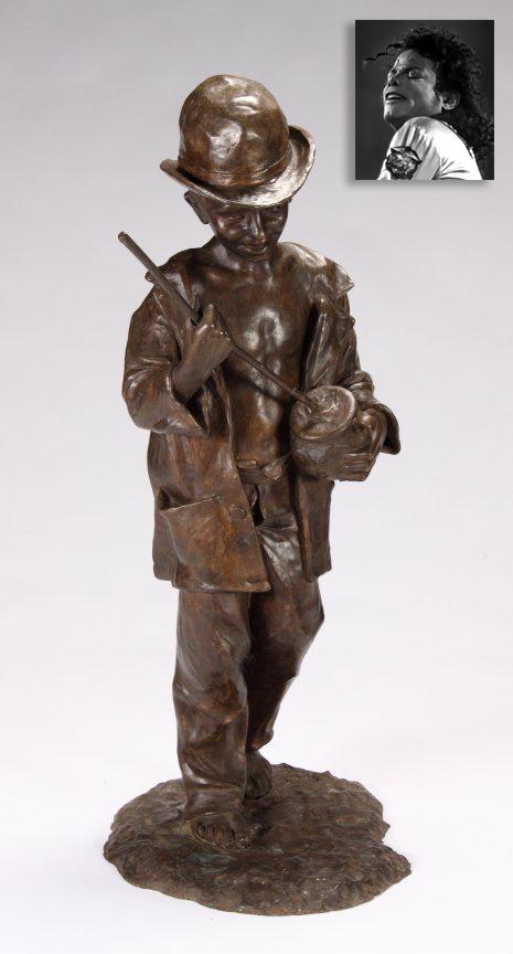 Life size Street Urchin, Bronze, ex. Michael Jackson: Life-sized Street Urchin, Bronze, ex. Michael Jackson. Sculptor: T. de Matteis, 48" x 19" x 27" (122 x 48 x 68.5 cm), variegated patinated statue featuring a boy in ill-fitting clothes playing a makes