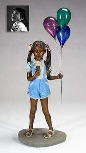 "Delights," Bronze, ex. Michael Jackson: "Delights," Bronze, ex. Michael Jackson. Sculptor: Ramon Parmenter (American, 20th Century), height 27.5" (70 cm), edition limited to 74, bronze statue with colored patination of a little girl