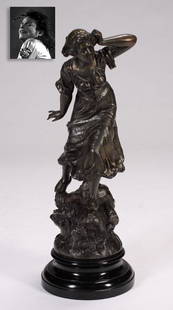 Wandering Woman, Bronze, ex. Michael Jackson: Wandering Woman, Bronze, ex. Michael Jackson. Sculptor: X. Raphanel (French, 20th Century), 25" x 9.4" (63.5 x 24 cm), bronze statue of a woman in a peasant dress. As "The King of Pop," Michael